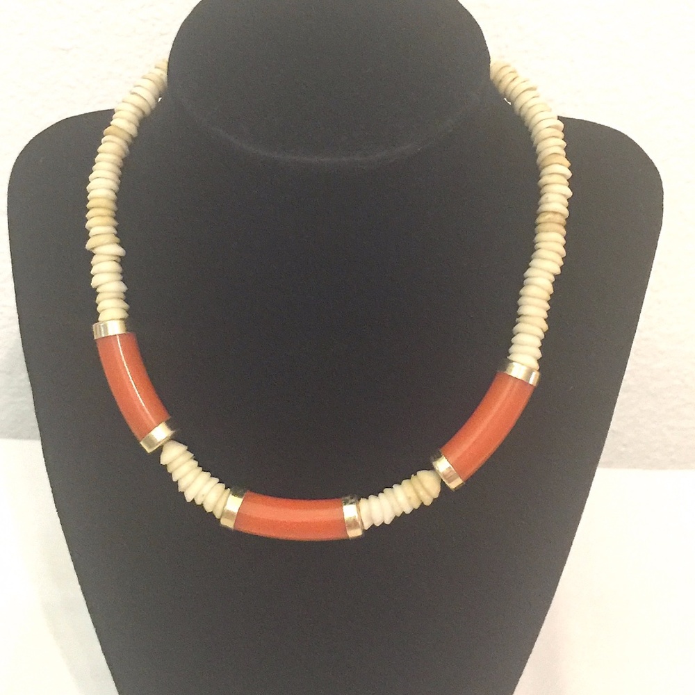 Puka Shells w/Orange Barrel Beads Choker Necklace